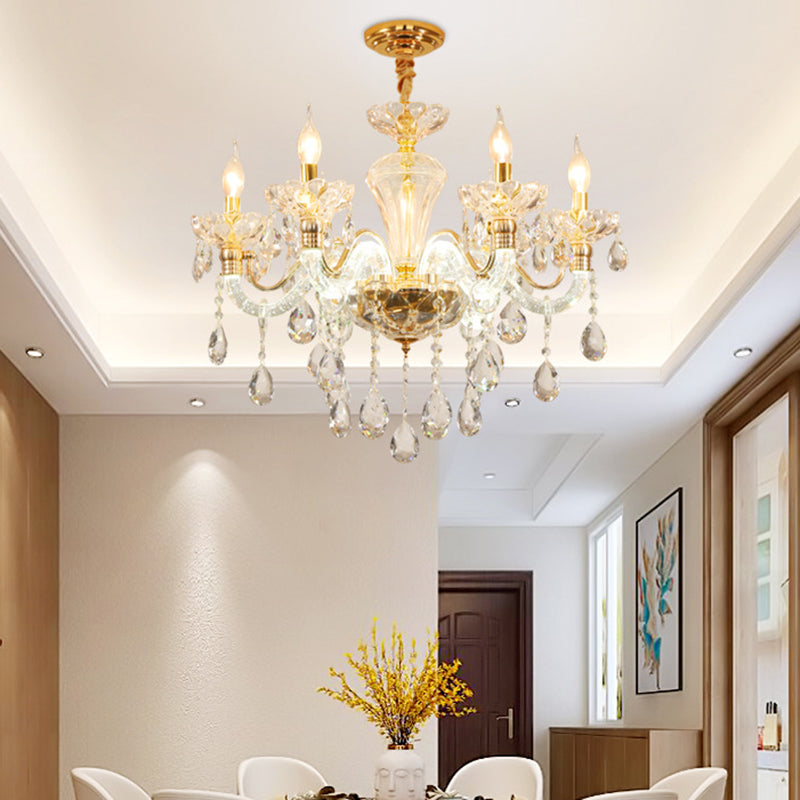 Vintage Gold Candelabra Crystal Chandelier - 6 Lights Clear Glass Shade Dining Room Pendant