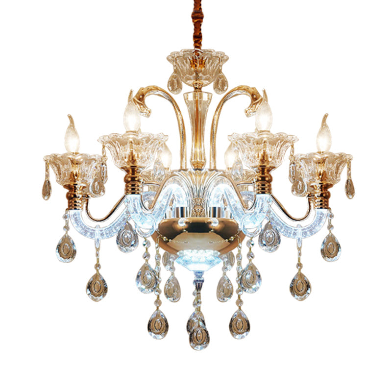 Vintage Clear Crystal Candle Chandelier - Elegant 6 Bulb Dining Room Hanging Lamp With Glass Shade