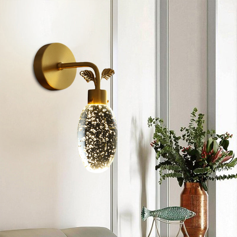 Modern Gold Led Wall Sconce With Clear Seeded Crystal And Leaf Design - Bedroom Light