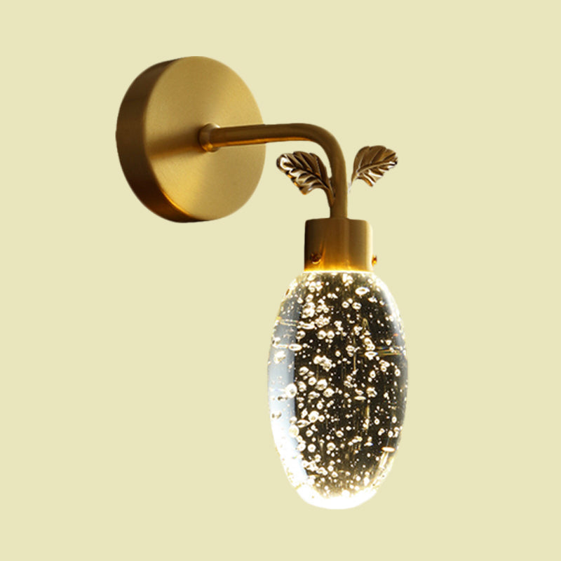 Modern Gold Led Wall Sconce With Clear Seeded Crystal And Leaf Design - Bedroom Light