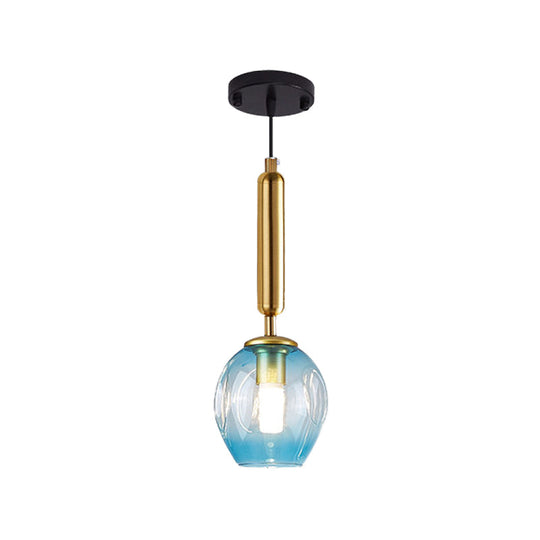 Modernist Pendant Lamp Fixture - Tulip Bedside Hanging Lighting in Blue/Smoke Gray Dimpled Glass, Black/Gold