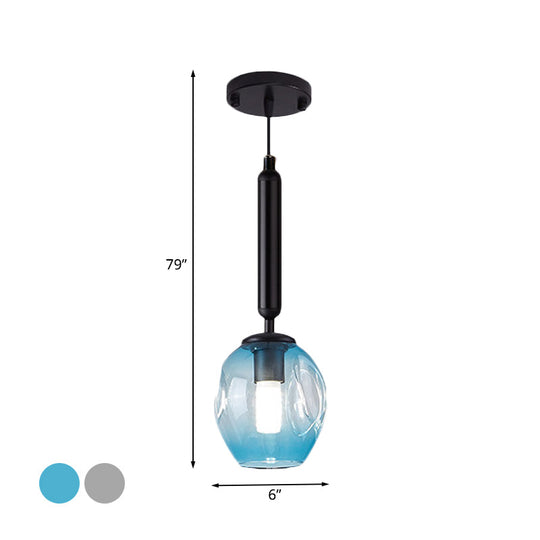 Modernist Pendant Lamp Fixture - Tulip Bedside Hanging Lighting in Blue/Smoke Gray Dimpled Glass, Black/Gold