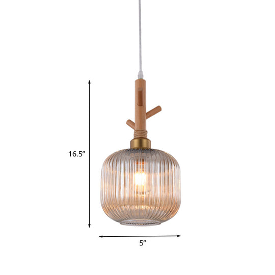Modern Amber Ribbed Glass Drum Pendant Light - Stylish Ceiling Lamp For Kitchen Island With Wood