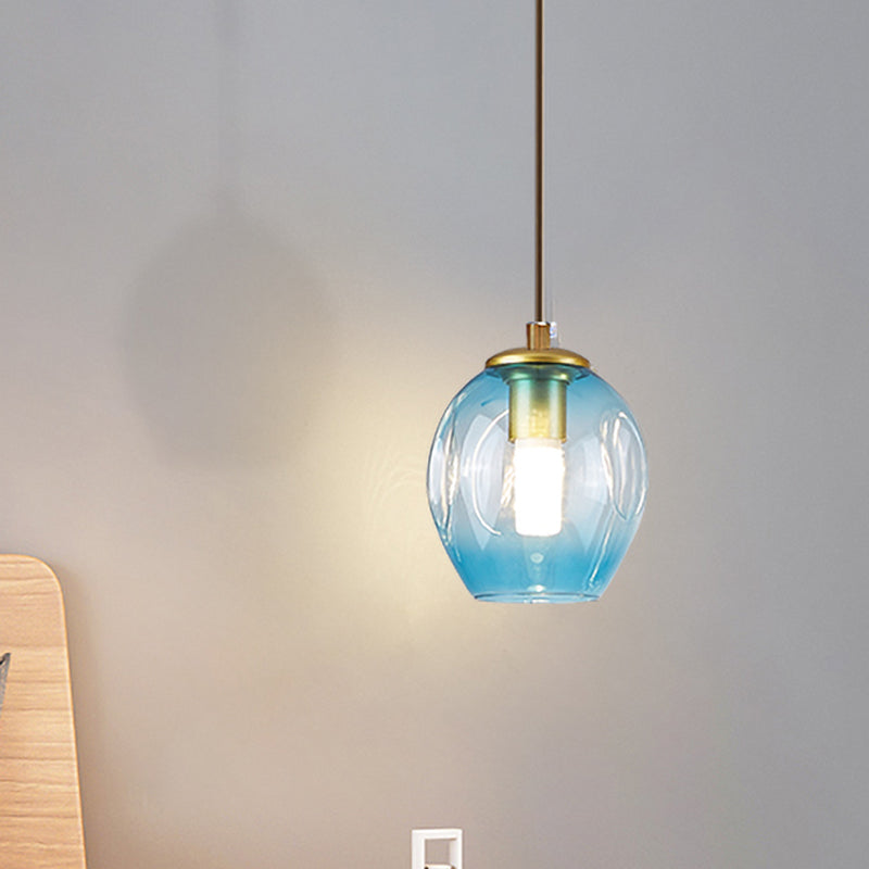 Gold Tulip Wall Lamp Sconce With Blue/Smoke Gray Dimpled Glass Shade - Modern 1 Light Hanging Blue