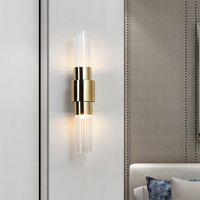 Modern 2-Headed Gold Wall Sconce With Clear Ribbed Glass For Bathroom