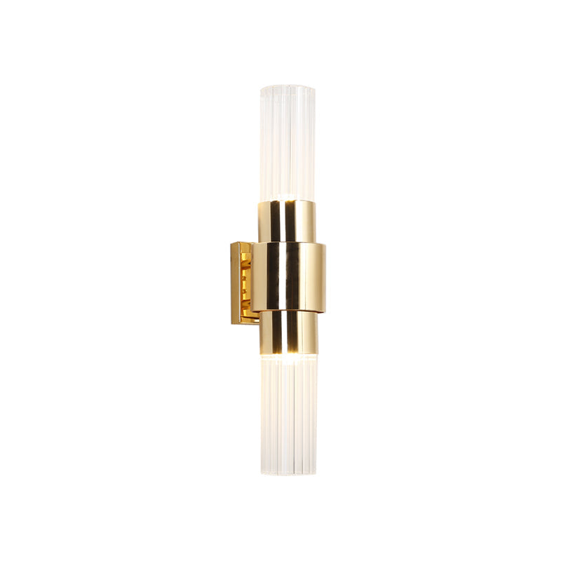 Modern 2-Headed Gold Wall Sconce With Clear Ribbed Glass For Bathroom