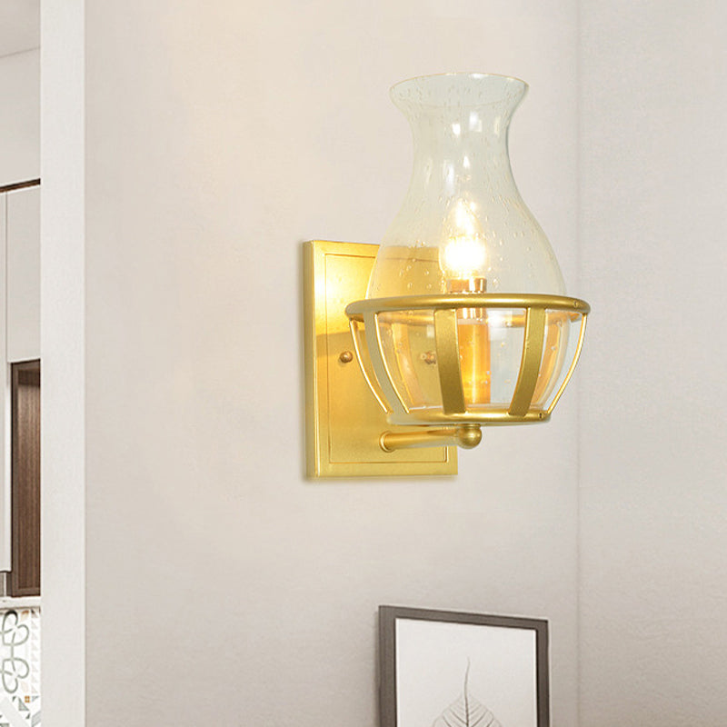 Postmodern Clear Glass Vase Sconce Light Fixture - Gold Wall Mounted Lamp With Basket Base