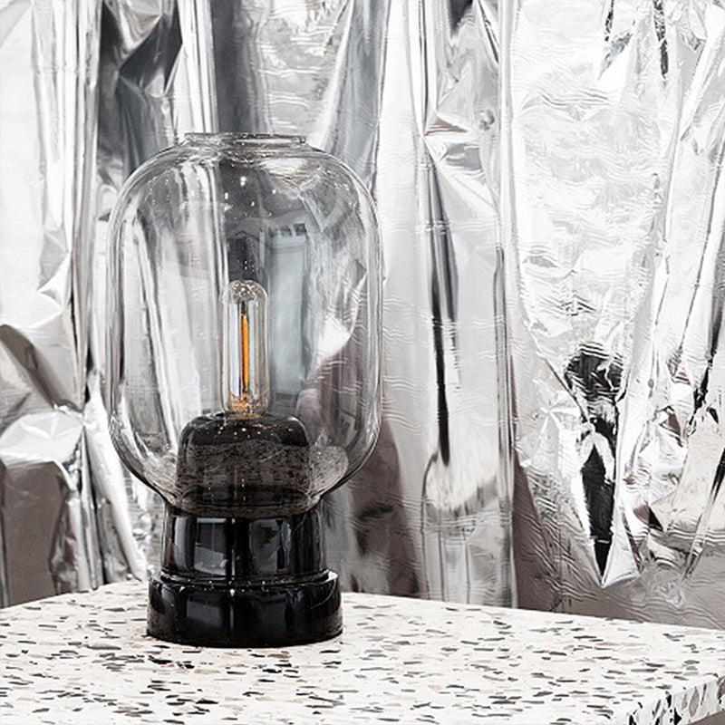 Modern Black Glass Bedroom Table Lamp With Smoky Gray Elliptical Shade Smoke