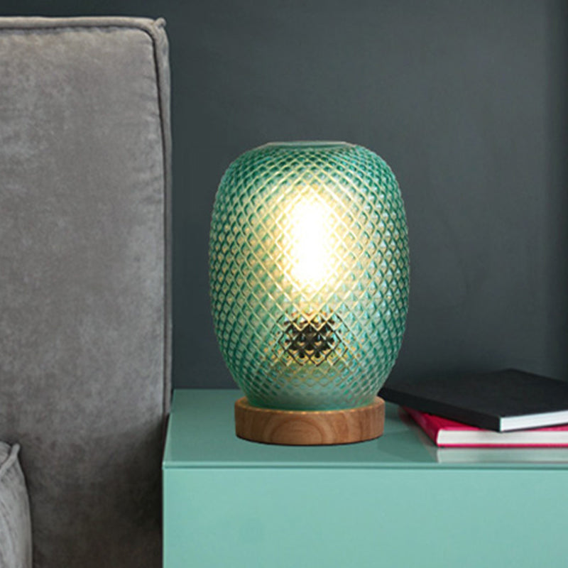 Green Glass Pineapple Night Table Lamp With Wood Base For Bedside Reading