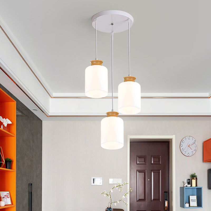 Modern White Glass Cylinder Chandelier with 3 Heads - Wood Suspension Lamp