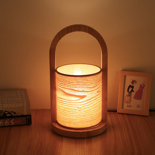 Modernist Wood Oval Ring Nightstand Lamp With Tube Shade