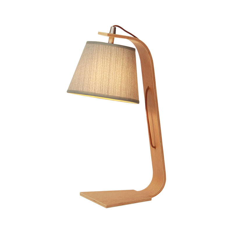 Modern Grey Barrel Table Light With Wood Arm - Plug In Night Lamp