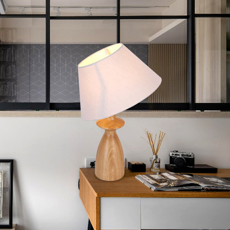 Modern Fabric Barrel Table Light With White Urn Wood Base - Ideal For Study Room Or Reading Nook