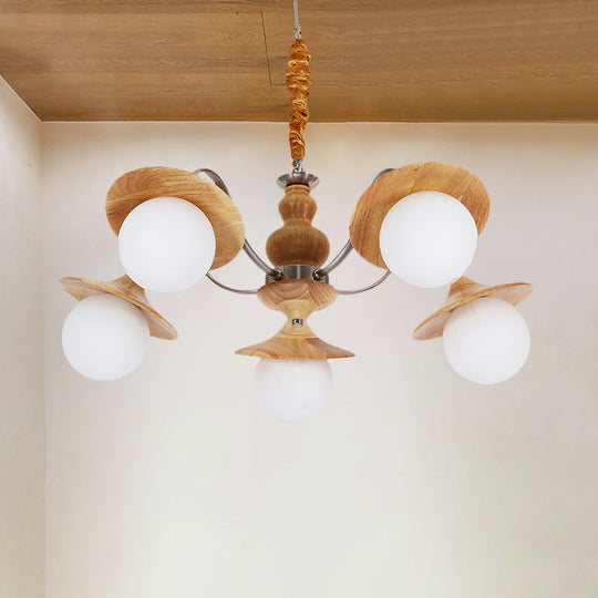 Contemporary Wood Chandelier with Flared Design - 5 Bulb Hanging Light Kit for Restaurants, Featuring Cream Glass Shades