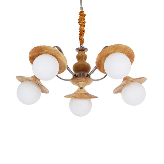 Modern Wood Chandelier With Flared Design 5-Bulb Restaurant Hanging Light Kit And Cream Glass Shade