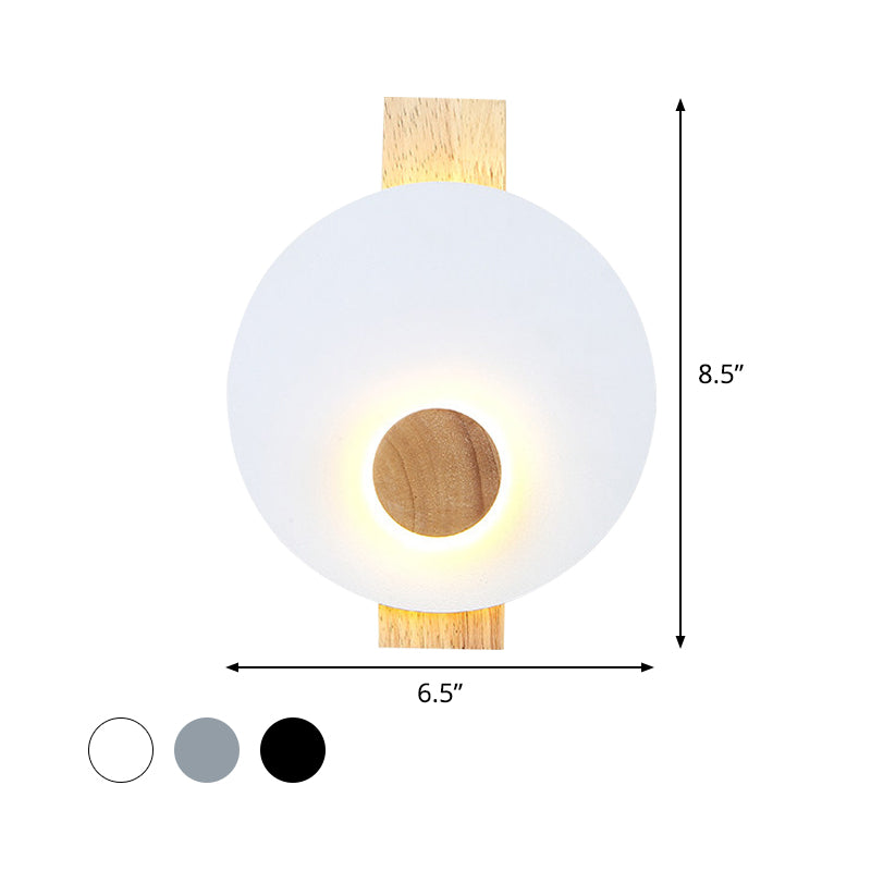 Minimalist Led Metal Disk Wall Light Fixture With Wood Backplate - Black/Grey/White
