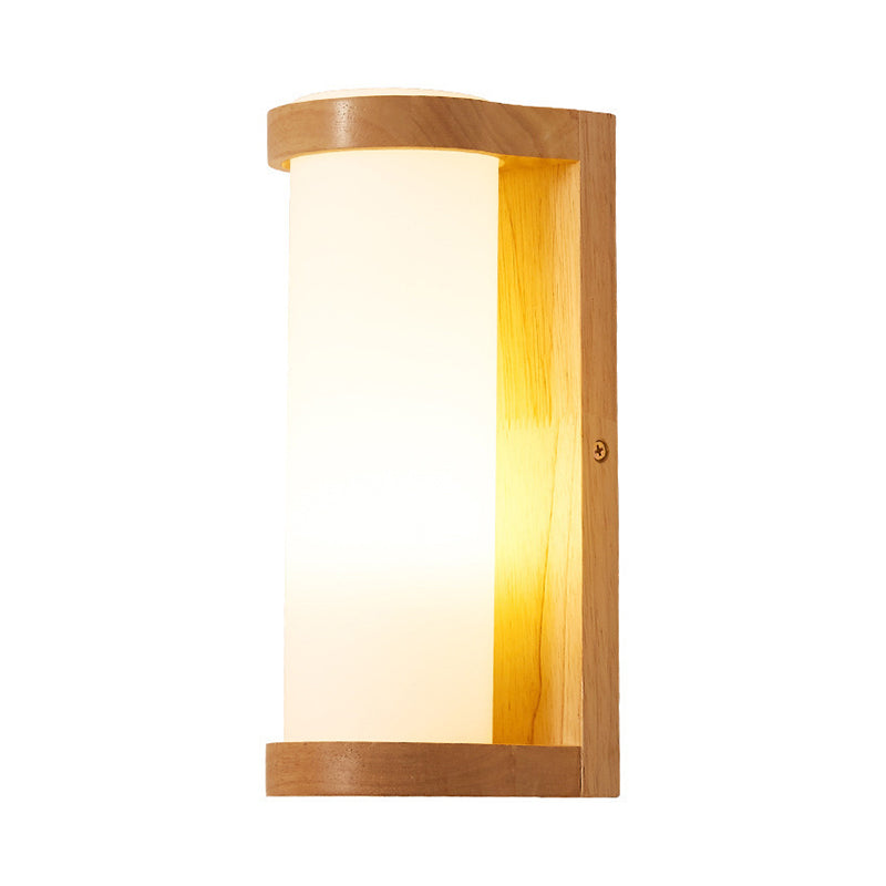 Wooden Rectangle Sconce Lamp With Opal Glass Shade - Simple Corner Wall Mount Lighting