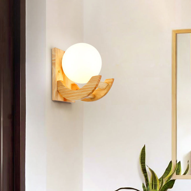 Modern Beige Wood Sconce Light Fixture With White Glass Shade - Wall Mounted Lamp