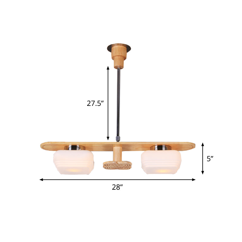 Modern Wood Pendant Chandelier with 2 Square Cream Glass Shades for Dining Room Ceiling