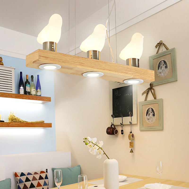 Modern Wood Island Light With White Glass Shades - Rectangular Design 3 Heads Dining Room Pendant