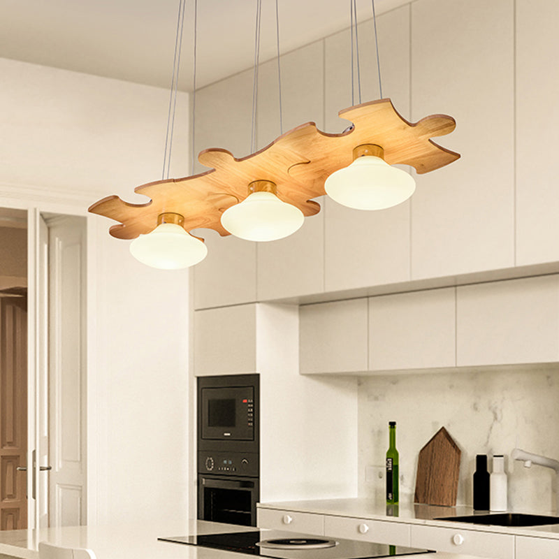 Modern Multi-Light Pendant Lamp With Glass Jellyfish Design And Wood Beam