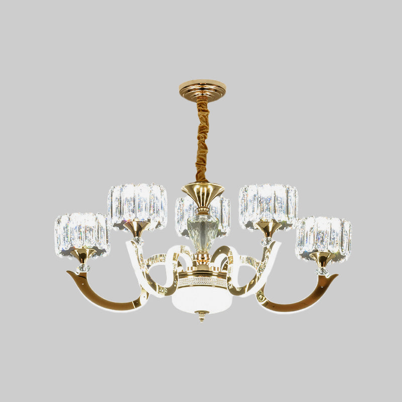 Modern Gold Drum Chandelier With Crystal Block Design - Led Ceiling Lamp For Living Room
