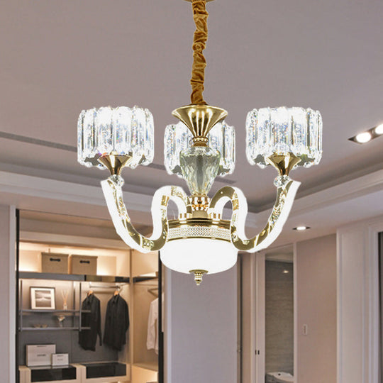 Modern Gold Drum Chandelier with Crystal Blocks - 3/5 Lights, LED, for Living Room