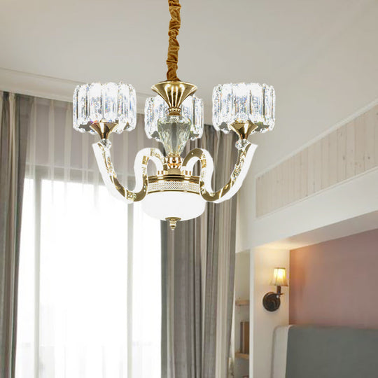 Modern Gold Drum Chandelier with Crystal Blocks - 3/5 Lights, LED, for Living Room