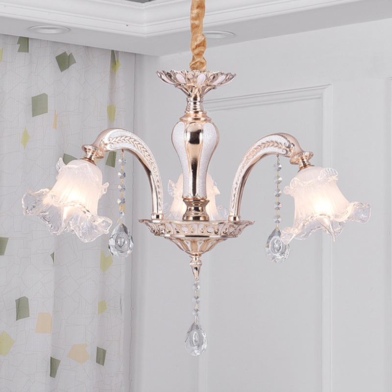 Floral Ceiling Chandelier - Traditional Gold Crystal Pendant Lamp (3/6 Heads) For Bedroom
