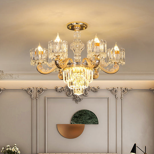 Modernist Gold Crystal Block Chandelier - Round Hanging Pendant Lamp (6/8 Lights) For Living Room