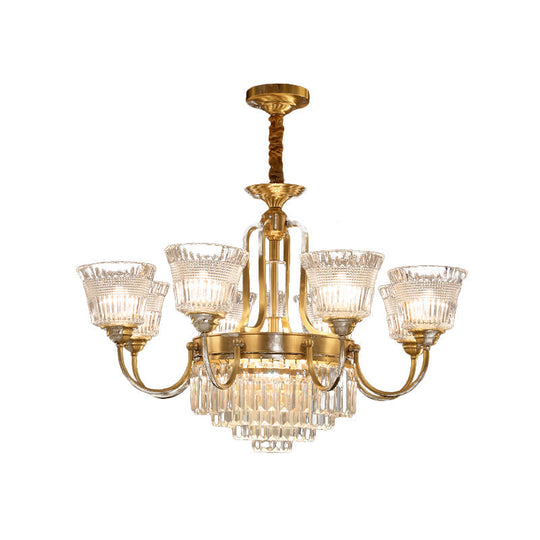 Traditional 6/8-Head Brass Chandelier With Bell Clear Glass Crystal Pendant For Living Room Lighting