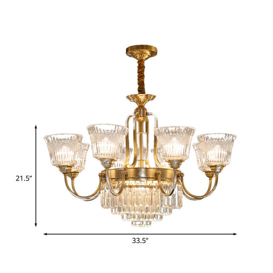 Traditional 6/8-Head Brass Chandelier With Bell Clear Glass Crystal Pendant For Living Room Lighting
