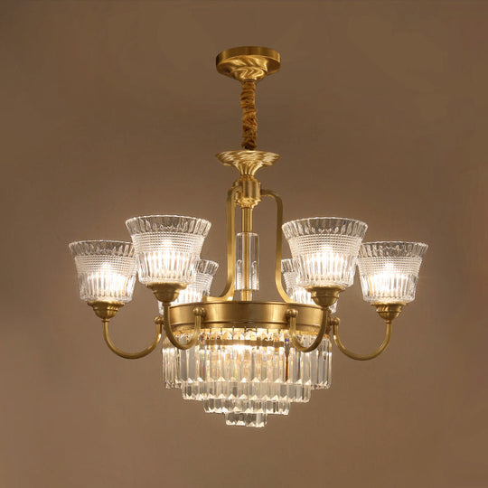 Traditional 6/8-Head Brass Chandelier With Bell Clear Glass Crystal Pendant For Living Room Lighting
