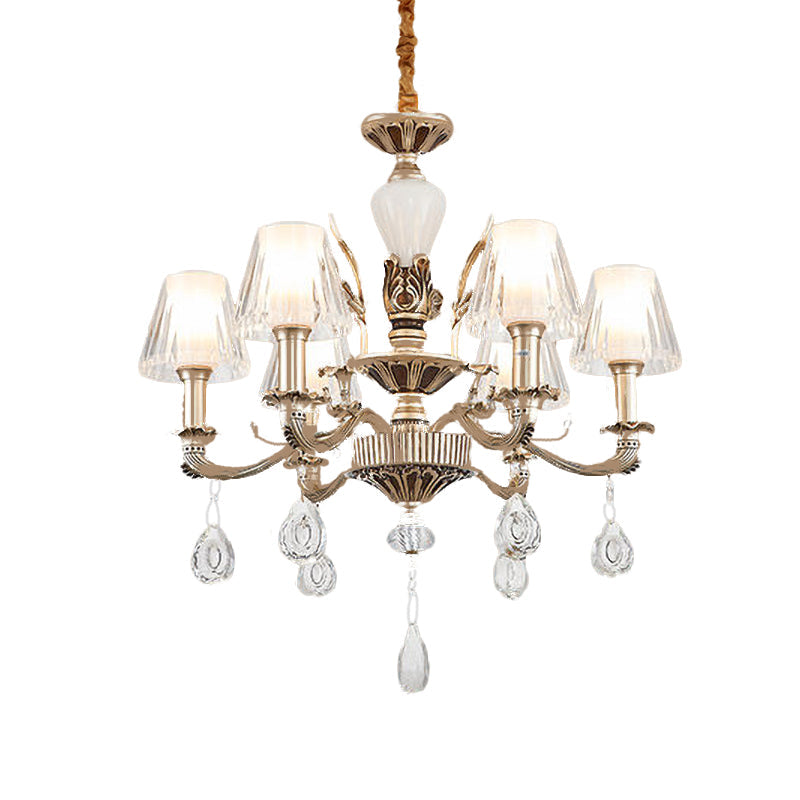 Golden Traditional 6-Light Chandelier With Cone Faceted Crystals - Hanging Lamp Fixture Kit