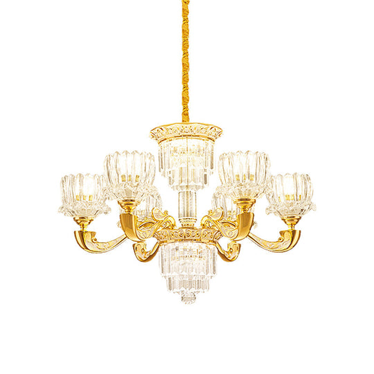 Contemporary Crystal Rectangle Chandelier - Gold Lotus Suspension Light With 6/8 Bulbs For Living