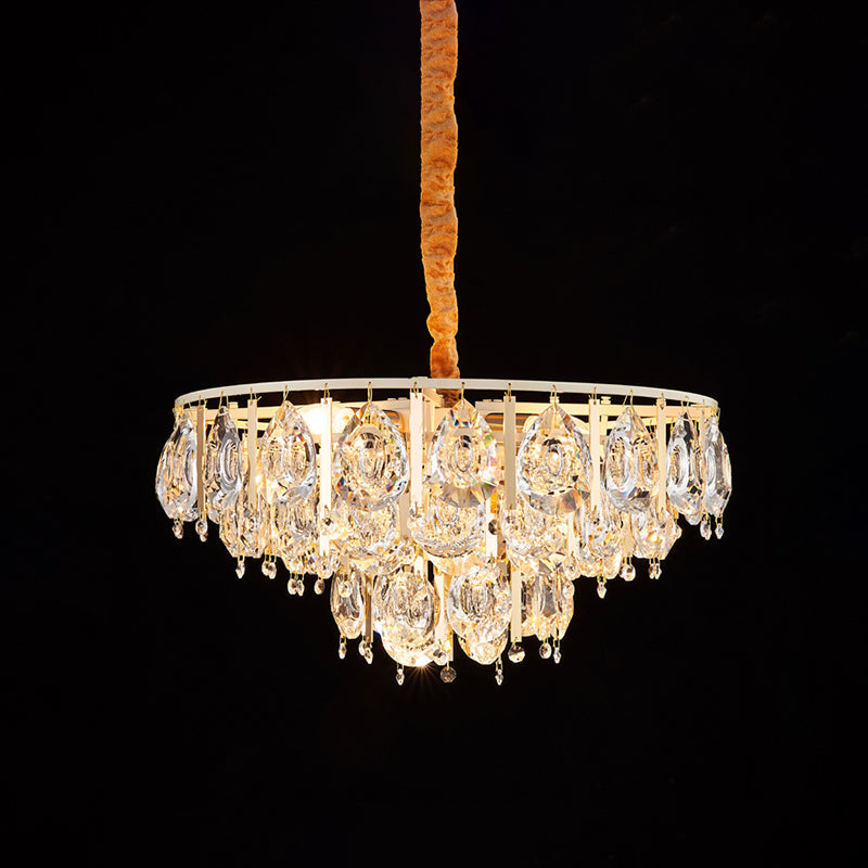 Modern Gold Chandelier With Faceted Crystal Teardrops - 3/4 Heads Cone Design