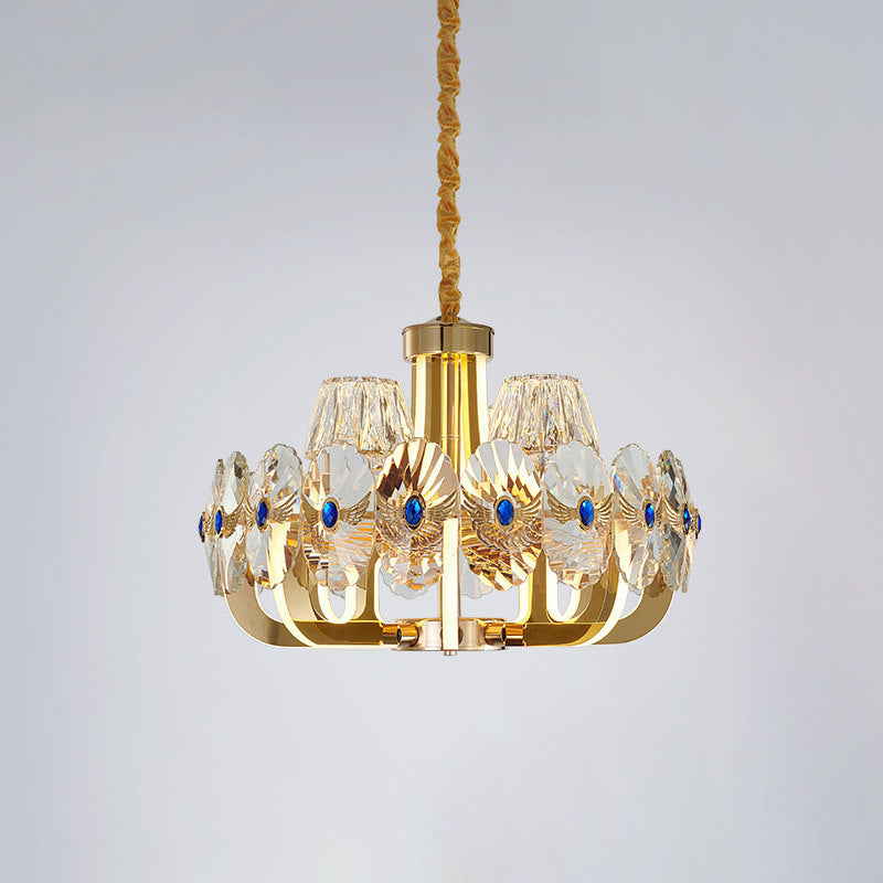 Modern Round Crystal Pendant Chandelier: 8-Bulb Led Ceiling Fixture In Gold With Cone Shade