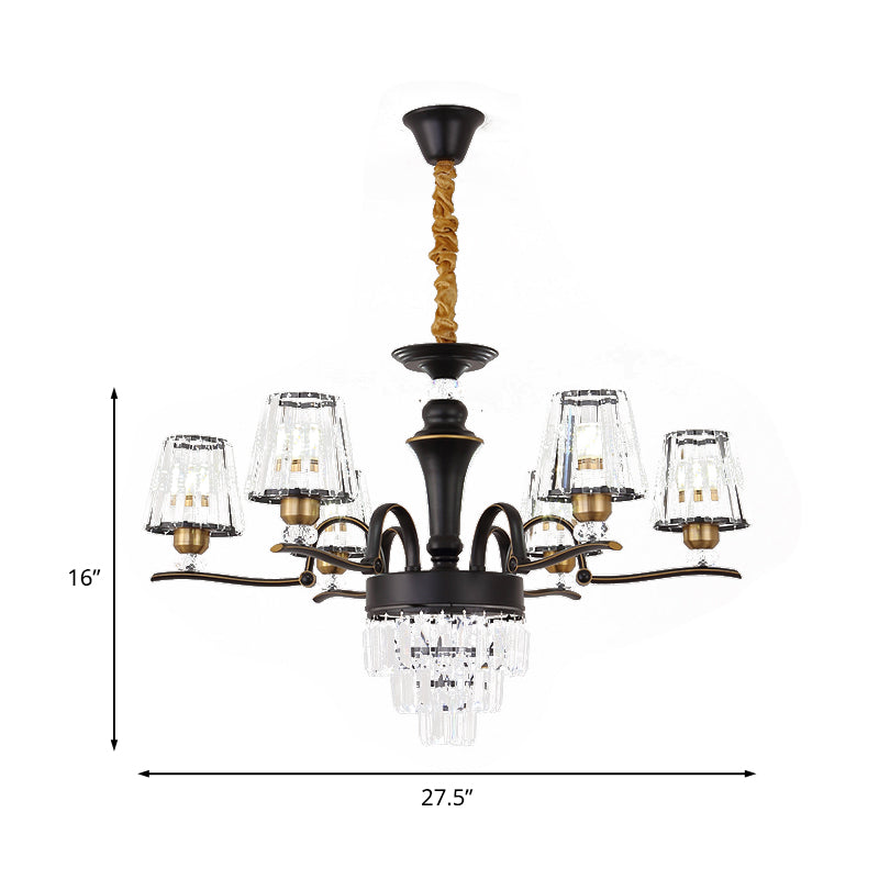 Modern Crystal Black Conical Ceiling Light Chandelier Pendant Lamp - 6/8 Heads For Living Room