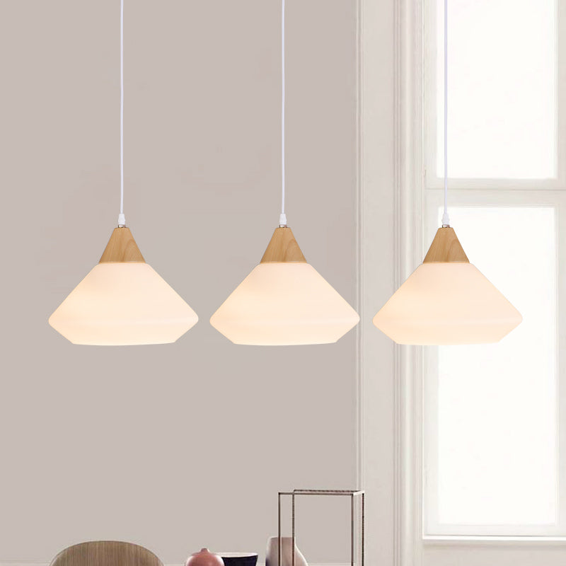 Wooden Cone Pendant Light with 3 Cream Glass Bulbs for Multiple Hanging - Simplistic Ceiling Fixture