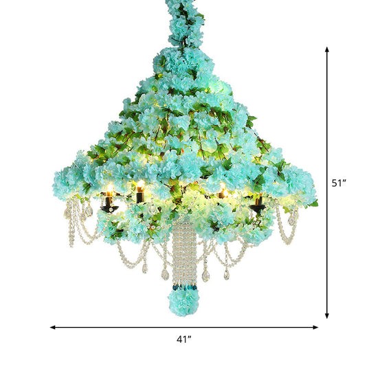 Industrial Blue Iron Flower 6-Head Conical Cage Chandelier with Dangling Crystal Pendant