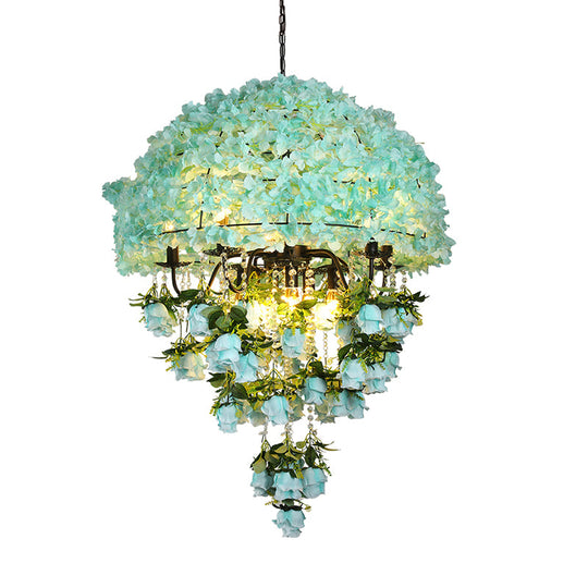 Iron Ceiling Chandelier - Industrial Blue Bowl Wire Cage, Crystal Decor, Floral Suspension Light - 10 Bulbs