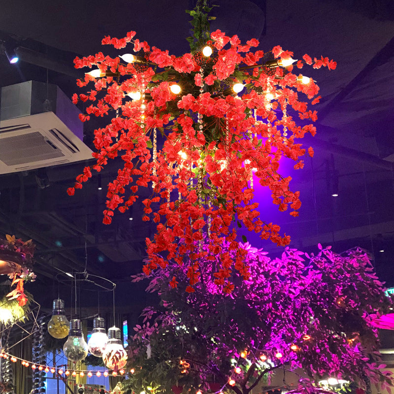 Red Iron Starburst Flower Chandelier Pendant Light with Crystal Bead Strand - 19 Lights