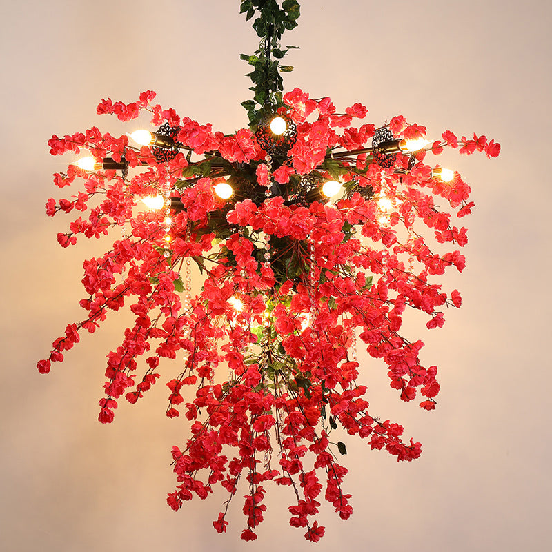 Red Iron Starburst Flower Chandelier Pendant Light with Crystal Bead Strand - 19 Lights