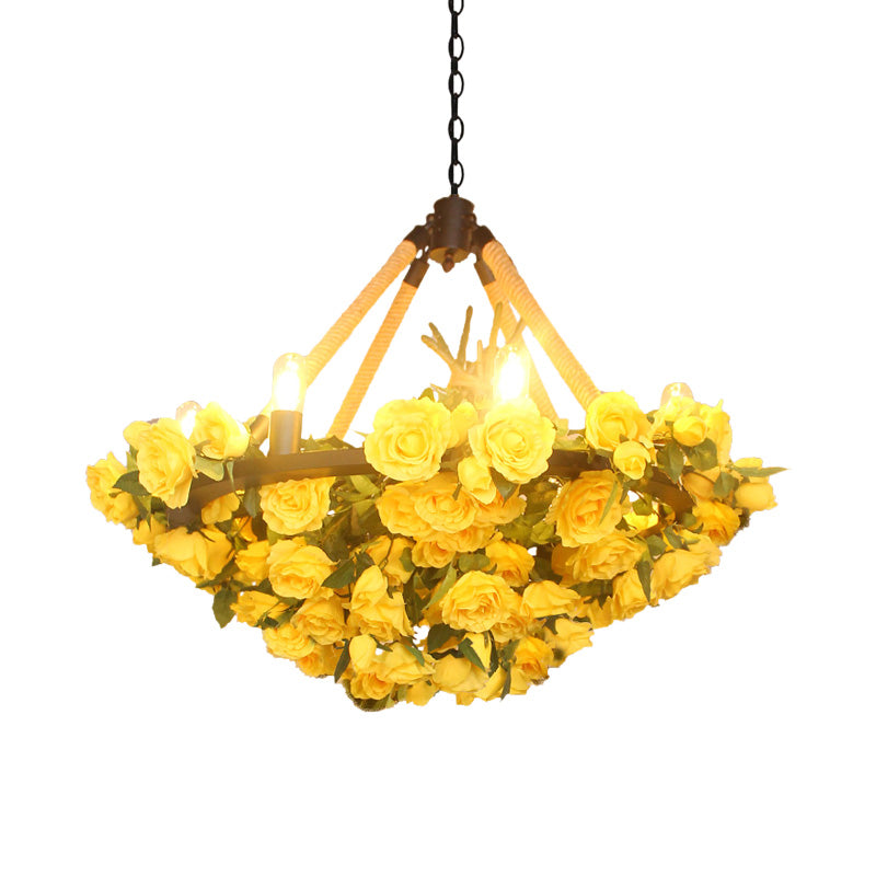 Vintage Round Pendant Chandelier - 6 Light Iron Flower Ceiling Light with Hemp Rope, Yellow/Pink/Light Pink