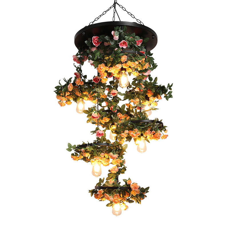 Industrial Iron Flower Pendant Chandelier - 7-Light Hanging Fixture With Open Bulbs Black Finish