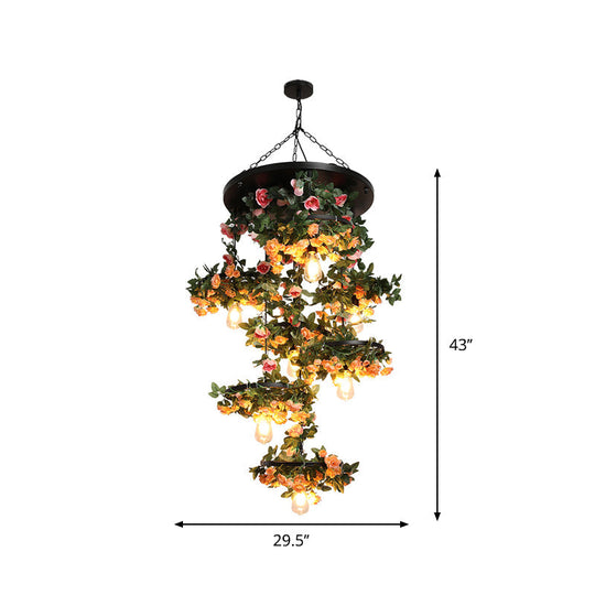 Industrial Iron Flower Pendant Chandelier - 7-Light Hanging Fixture With Open Bulbs Black Finish