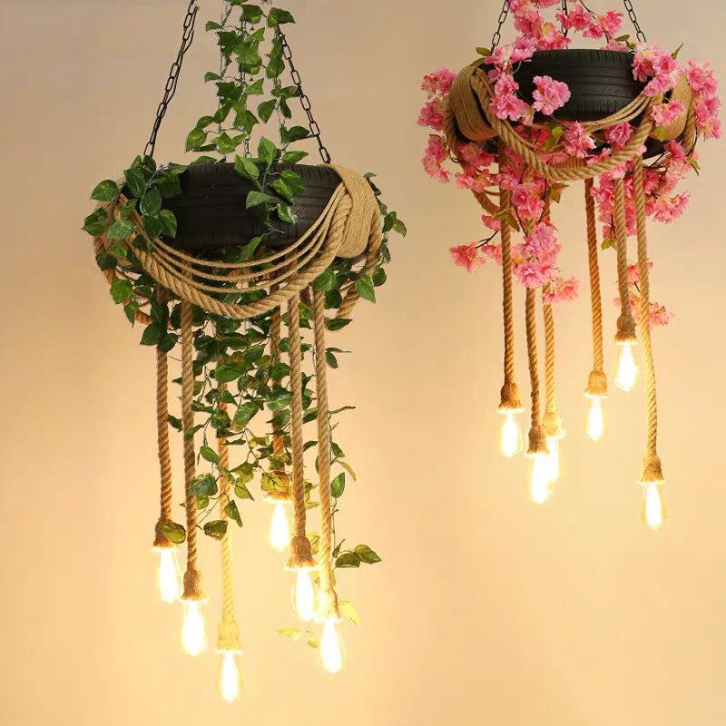 6-Light Pink/Green Chandelier Hemp Rope Pendant with Open Bulb and Rubber Tire Decor