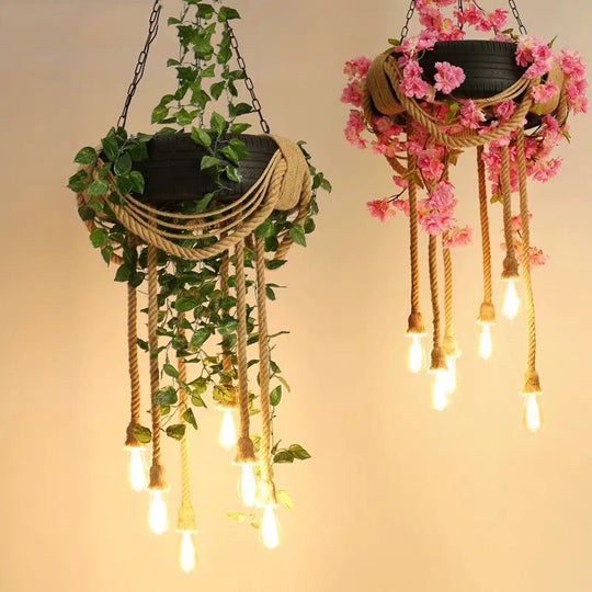 Pink/Green 6-Light Chandelier Lamp With Hemp Rope Design - Flower Pendant & Rubber Tire Decoration
