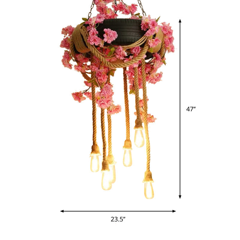 Pink/Green 6-Light Chandelier Lamp With Hemp Rope Design - Flower Pendant & Rubber Tire Decoration