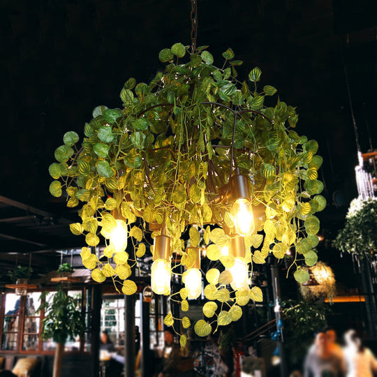 Green Iron Exposed Bulb Chandelier - 6 Heads Pendant With Plant Décor Ceiling Lighting For